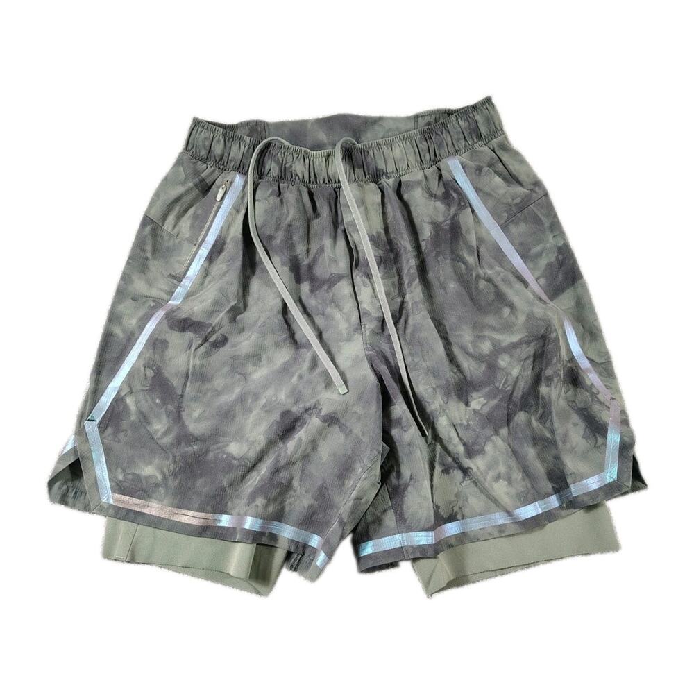 Lululemon Fast and Free Lined Running Shorts Mens S Green Tie Dye Reflective GUC